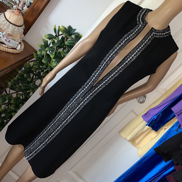 Vintage 60’s Mod black & Silver zippered front black sleeveless midi dress M - Picture 4 of 12